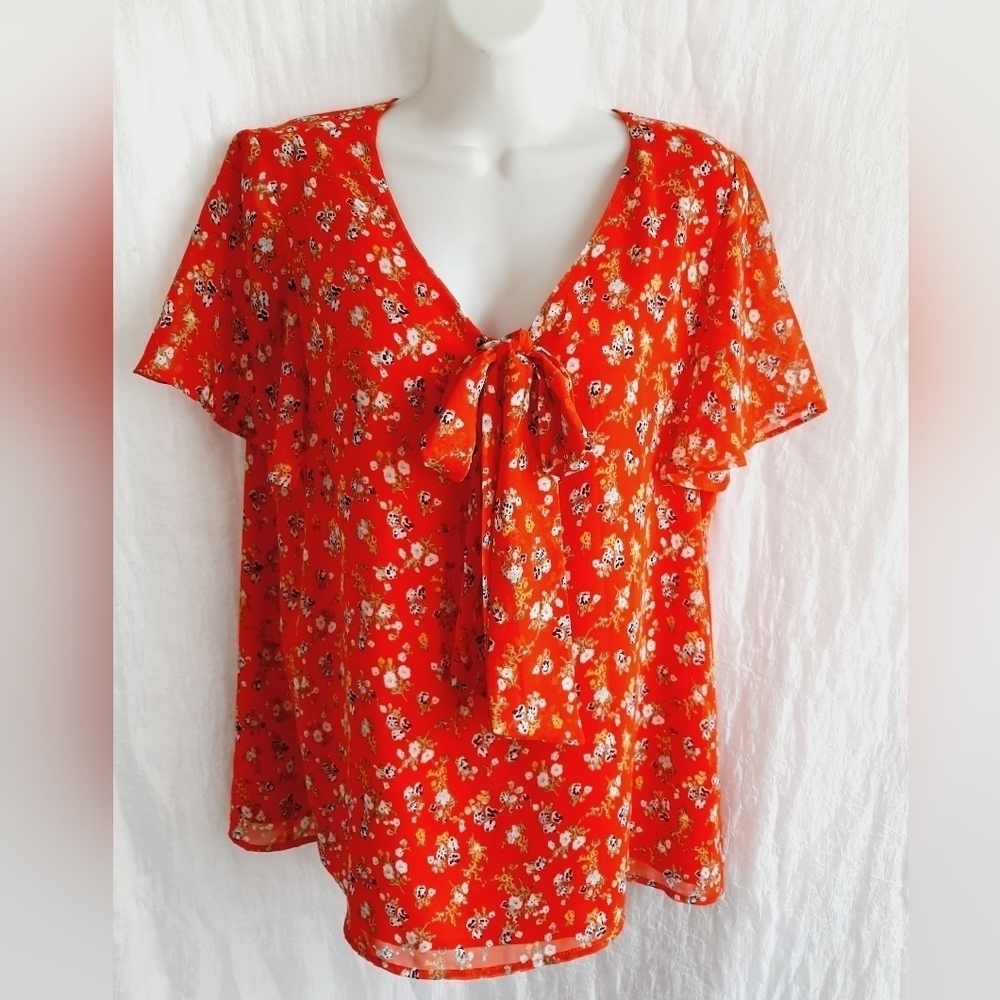 Pleione Red Flutter Sleeve Large Blouse - image 1